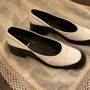 Joan and David low heel pumps, black and white leather, good condition. Size 8M